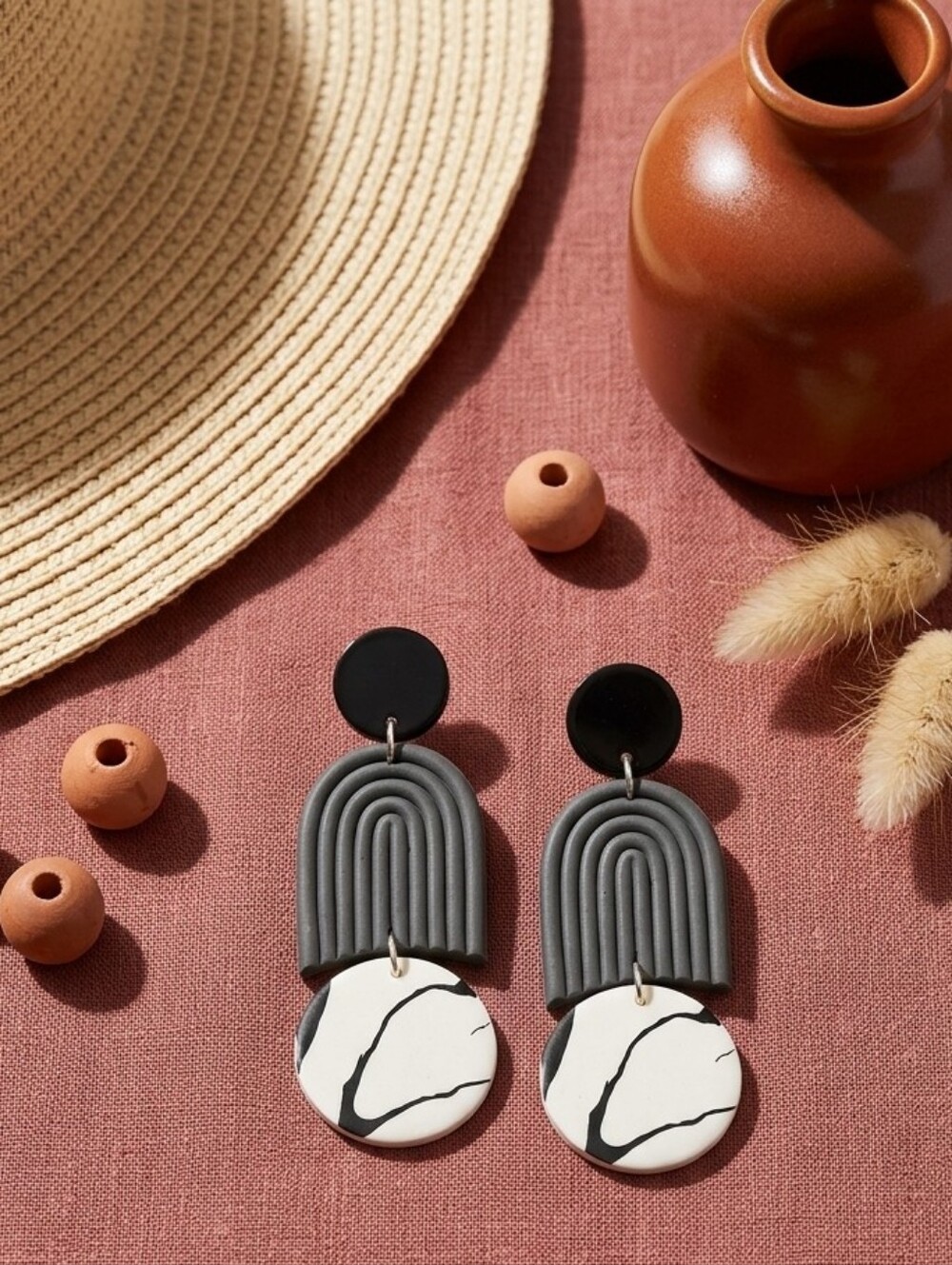 Polymer Clay Arch Statement Drop Earrings Modern Boho Black White Sterling Posts - Picture 13 of 17